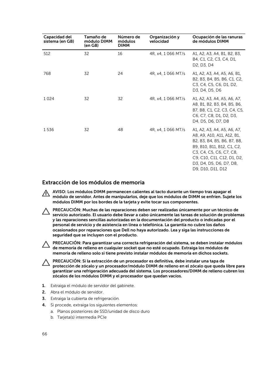 Extracción de los módulos de memoria | Dell PowerEdge M820 (for PE VRTX) User Manual | Page 66 / 183