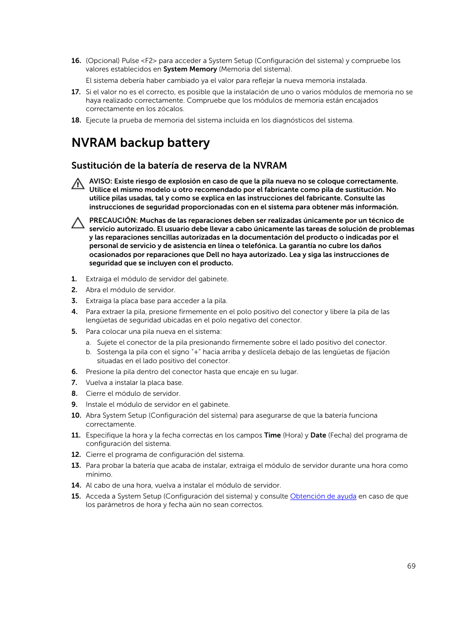 Nvram backup battery, Sustitución de la batería de reserva de la nvram | Dell PowerEdge M820 (for PE VRTX) User Manual | Page 69 / 183