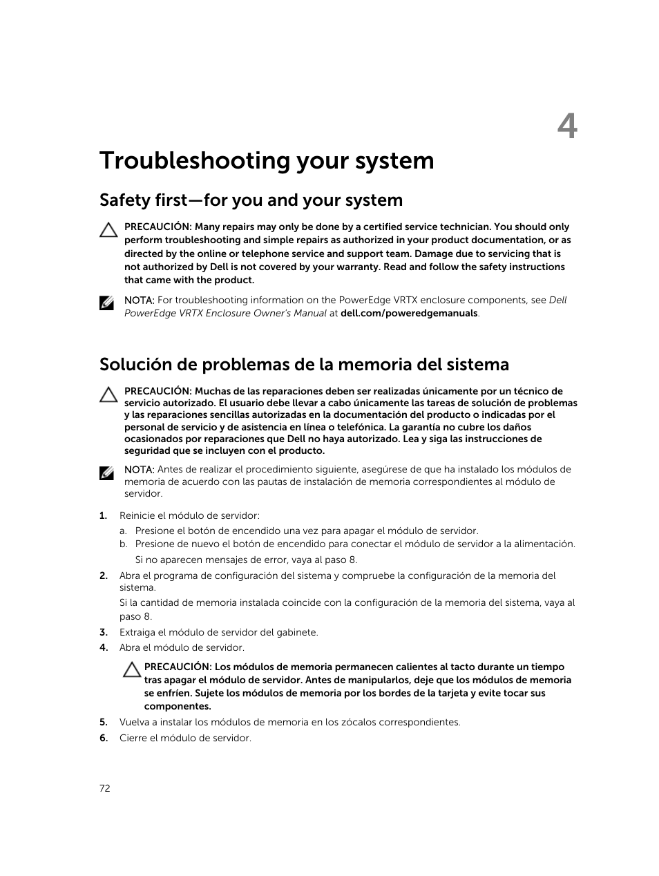Troubleshooting your system, Safety first—for you and your system, Solución de problemas de la memoria del sistema | 4 troubleshooting your system | Dell PowerEdge M820 (for PE VRTX) User Manual | Page 72 / 183