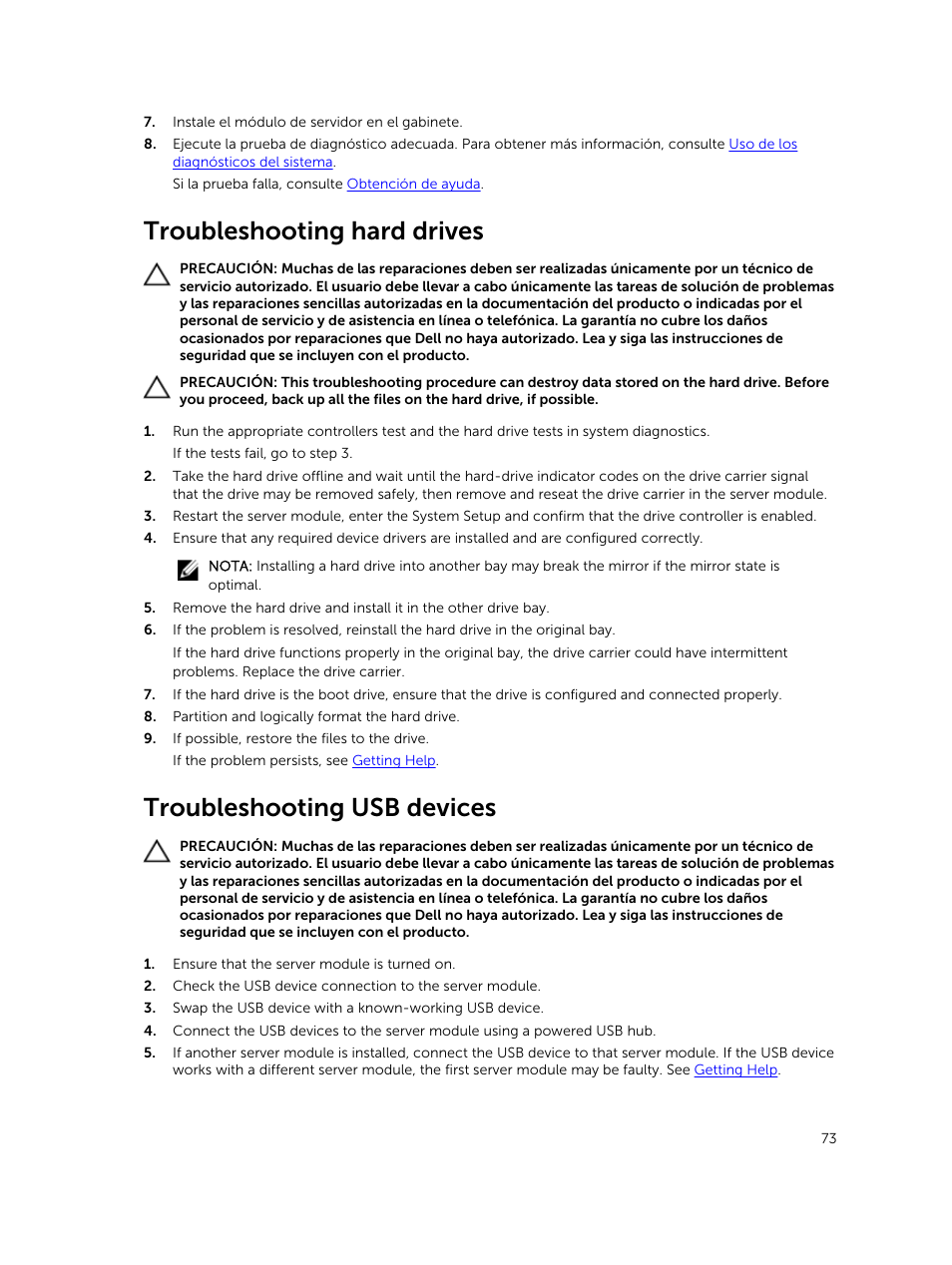 Troubleshooting hard drives, Troubleshooting usb devices | Dell PowerEdge M820 (for PE VRTX) User Manual | Page 73 / 183