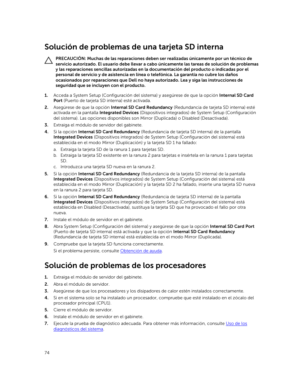 Solución de problemas de una tarjeta sd interna, Solución de problemas de los procesadores | Dell PowerEdge M820 (for PE VRTX) User Manual | Page 74 / 183