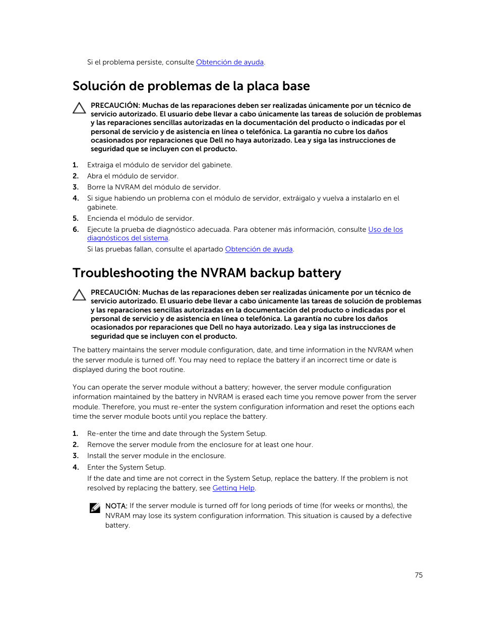 Solución de problemas de la placa base, Troubleshooting the nvram backup battery | Dell PowerEdge M820 (for PE VRTX) User Manual | Page 75 / 183