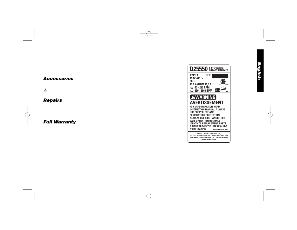 Warning, Avertissement, English | Accessories, Repairs, Full warranty | Black & Decker D25650 User Manual | Page 10 / 26