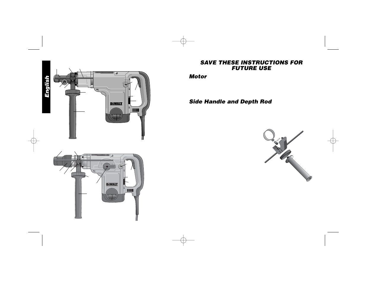 Save these instructions for future use motor, Side handle and depth rod, English | Black & Decker D25650 User Manual | Page 7 / 26