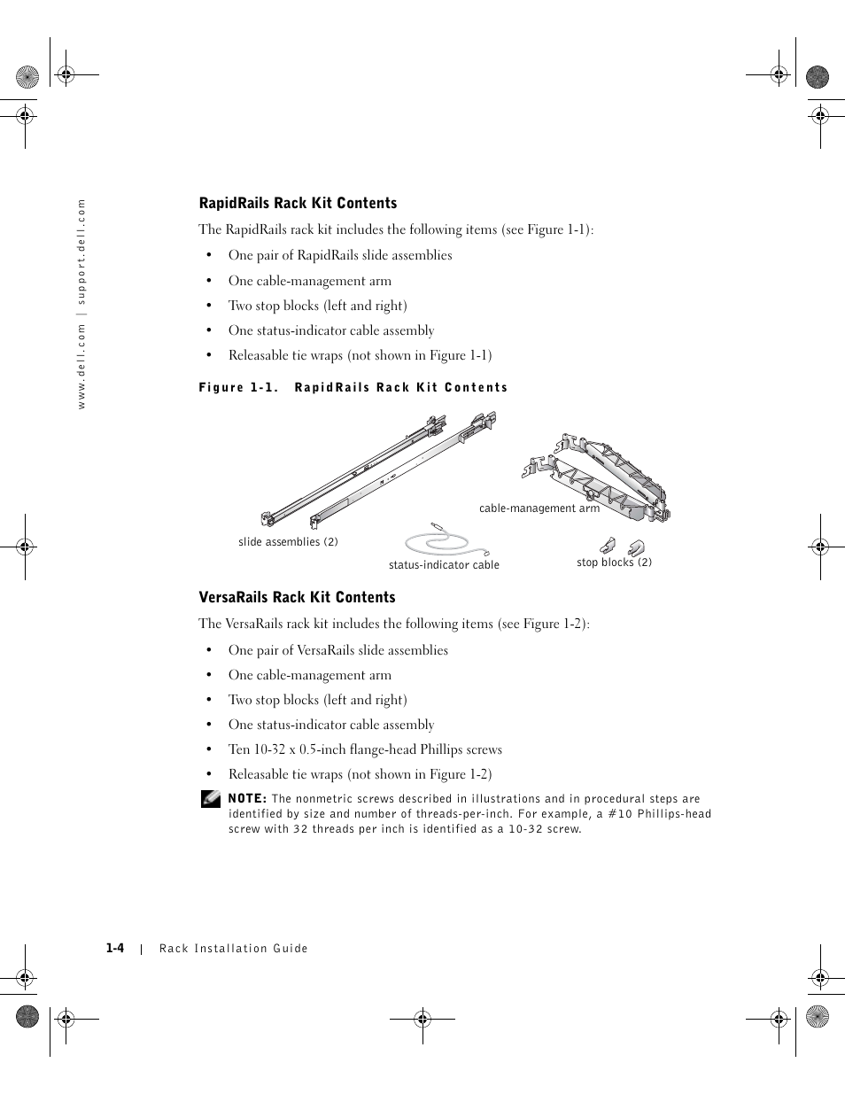 Rapidrails rack kit contents, Versarails rack kit contents | Dell PowerEdge 1750 User Manual | Page 10 / 180