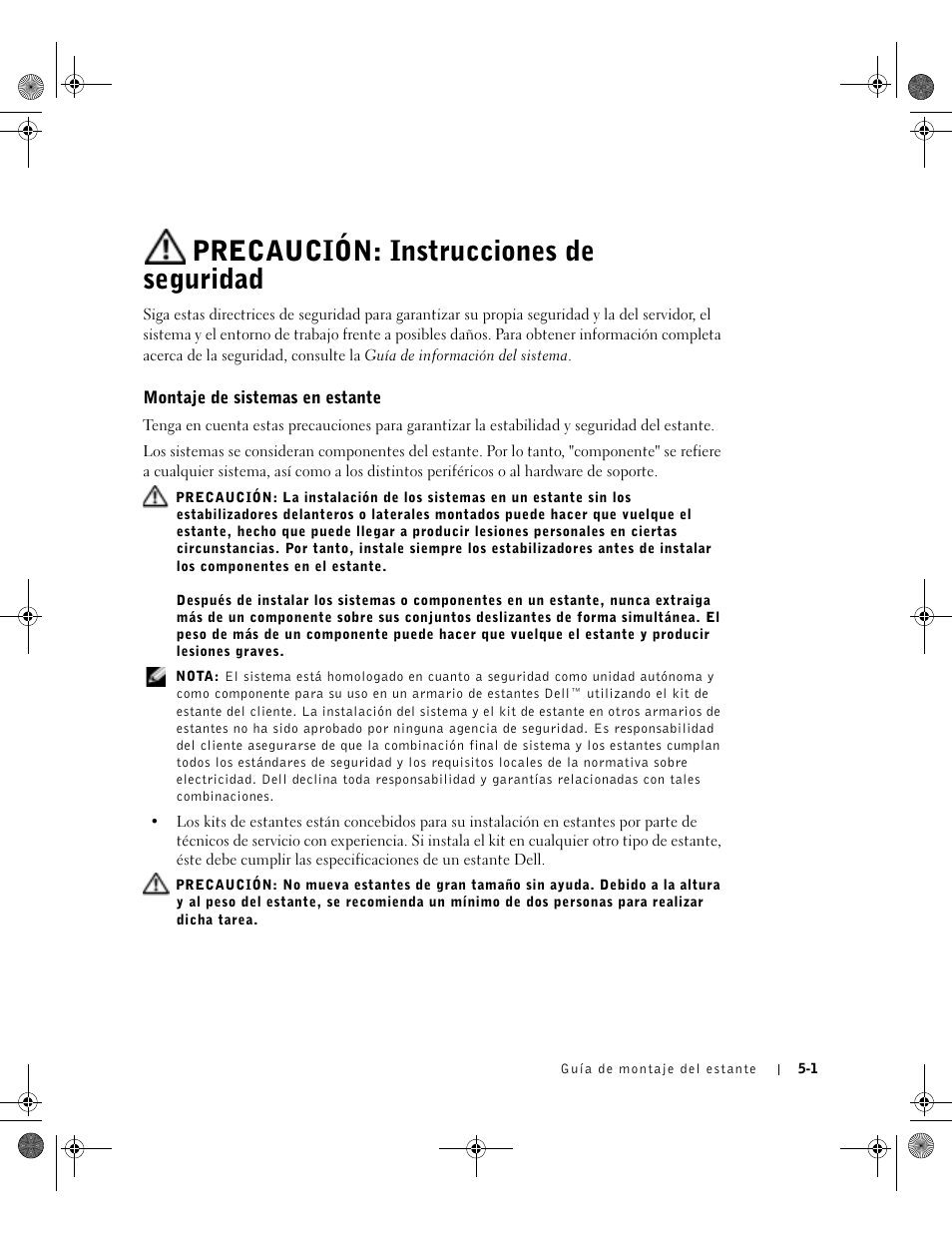 Precaución: instrucciones de seguridad, Montaje de sistemas en estante | Dell PowerEdge 1750 User Manual | Page 145 / 180