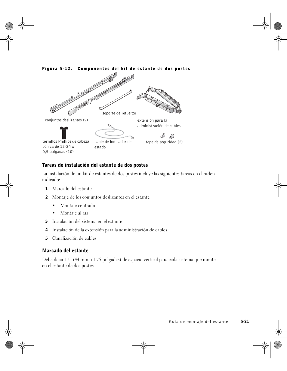 Tareas de instalación del estante de dos postes, Marcado del estante | Dell PowerEdge 1750 User Manual | Page 165 / 180