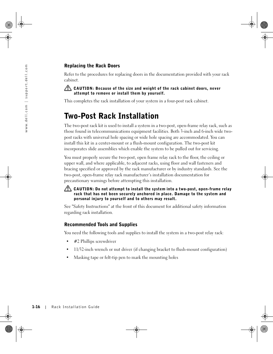 Replacing the rack doors, Two-post rack installation, Recommended tools and supplies | Dell PowerEdge 1750 User Manual | Page 22 / 180