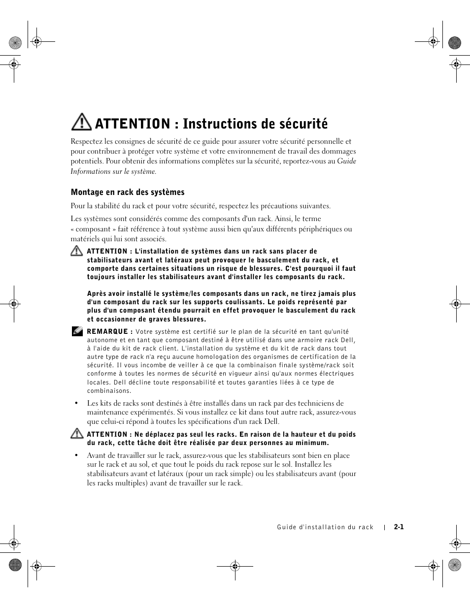 Attention : instructions de sécurité, Montage en rack des systèmes | Dell PowerEdge 1750 User Manual | Page 39 / 180