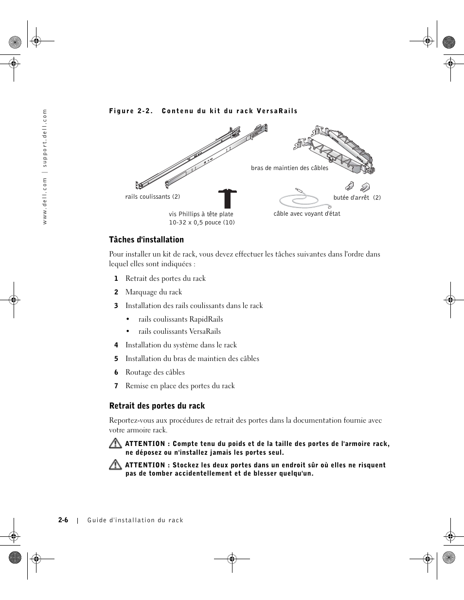Tâches d'installation, Retrait des portes du rack | Dell PowerEdge 1750 User Manual | Page 44 / 180