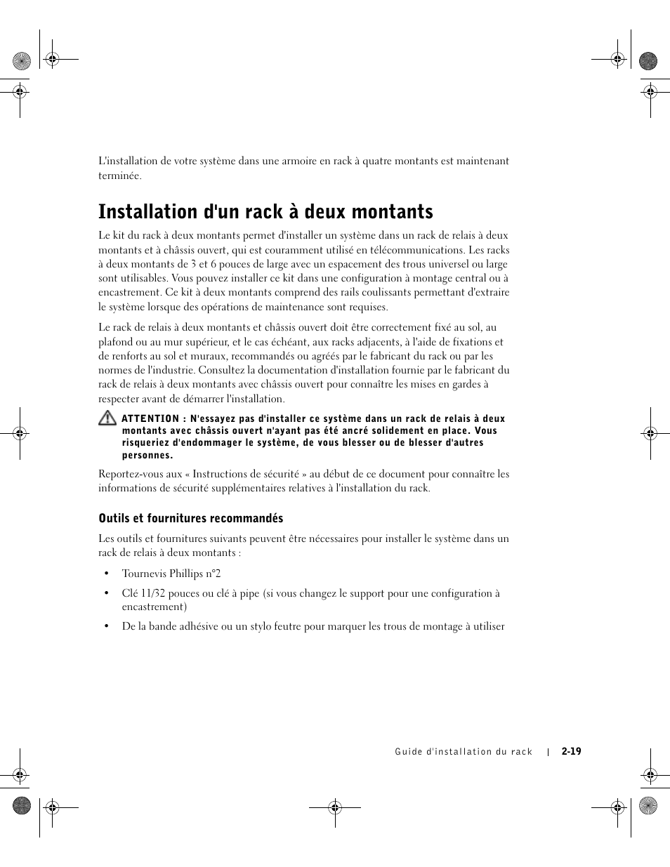 Installation d'un rack à deux montants, Outils et fournitures recommandés | Dell PowerEdge 1750 User Manual | Page 57 / 180