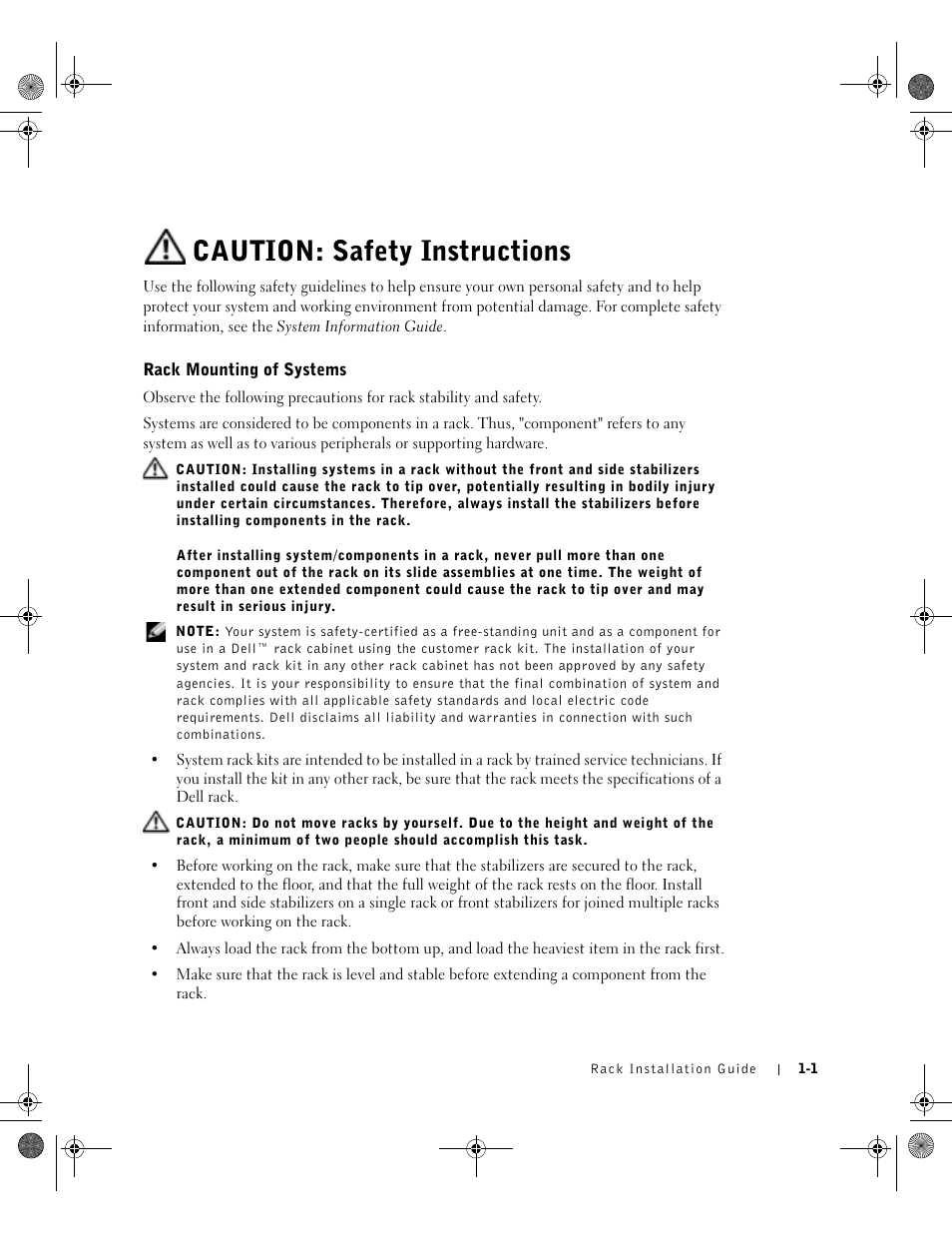 Caution: safety instructions, Rack mounting of systems | Dell PowerEdge 1750 User Manual | Page 7 / 180