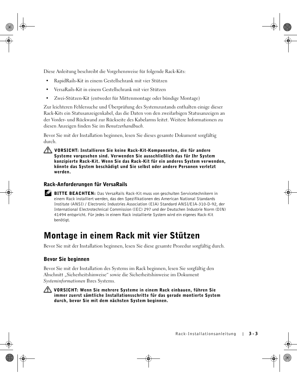 Rack-anforderungen für versarails, Montage in einem rack mit vier stützen, Bevor sie beginnen | Dell PowerEdge 1750 User Manual | Page 77 / 180