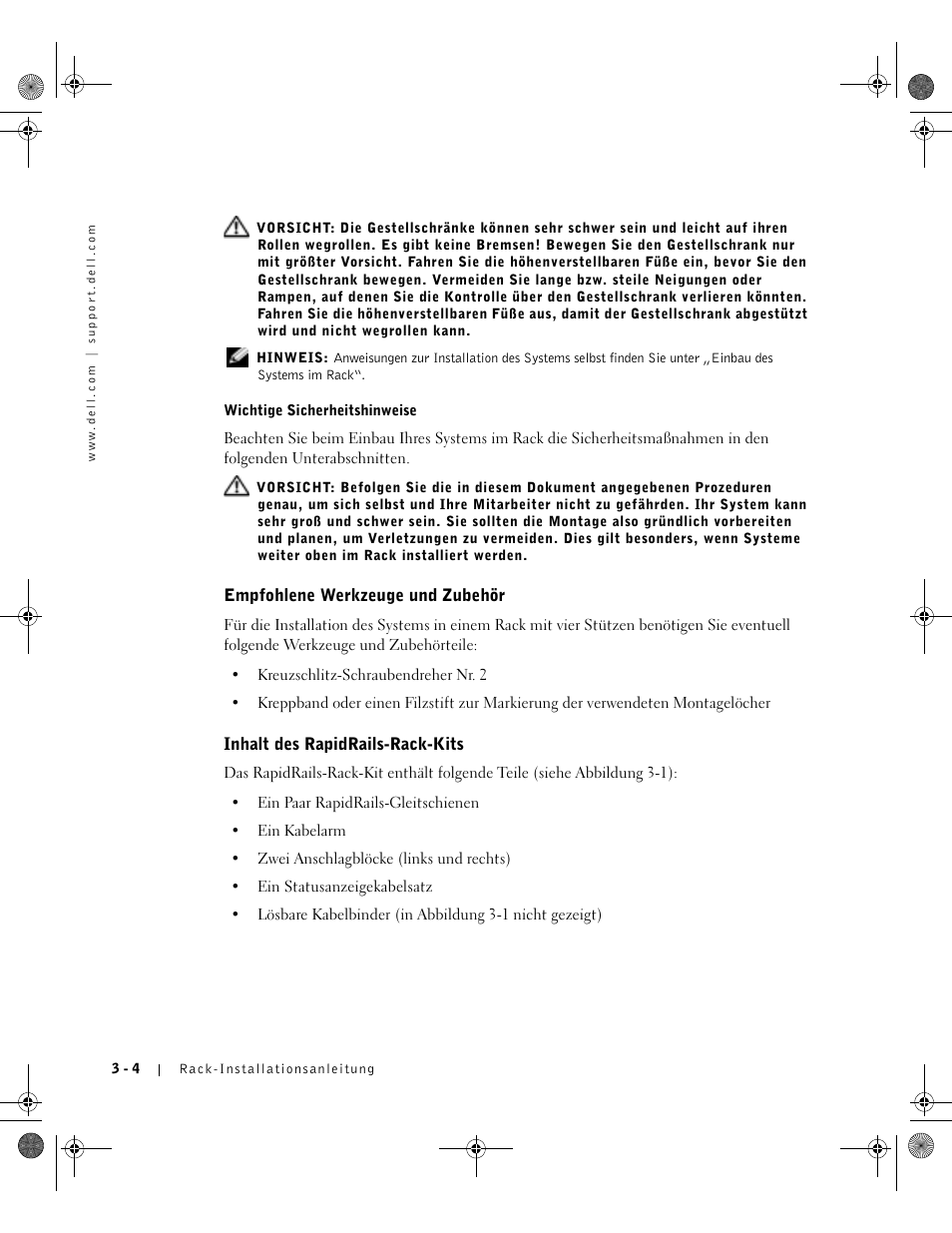 Empfohlene werkzeuge und zubehör, Inhalt des rapidrails-rack-kits | Dell PowerEdge 1750 User Manual | Page 78 / 180