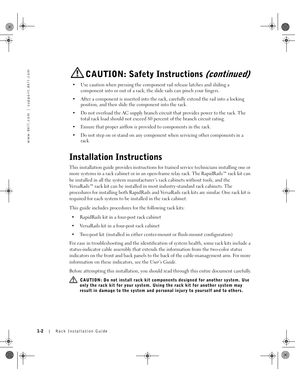 Installation instructions, Caution: safety instructions (continued) | Dell PowerEdge 1750 User Manual | Page 8 / 180