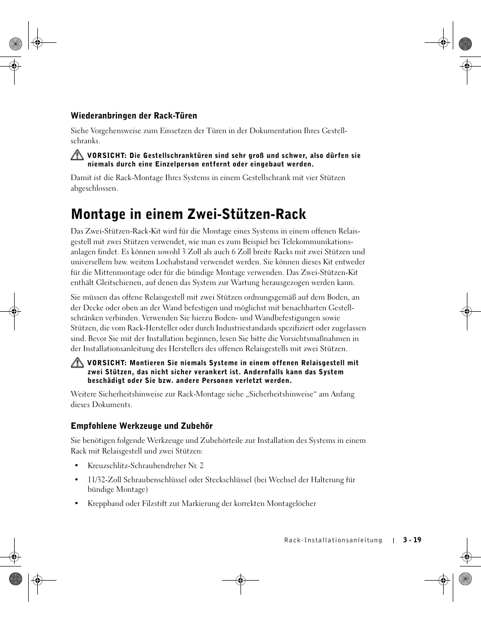 Wiederanbringen der rack-türen, Montage in einem zwei-stützen-rack, Empfohlene werkzeuge und zubehör | Dell PowerEdge 1750 User Manual | Page 93 / 180