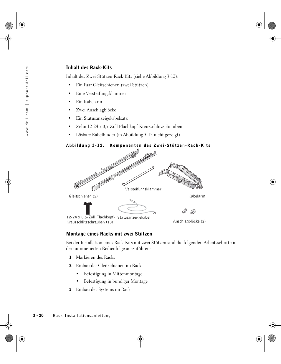 Inhalt des rack-kits, Montage eines racks mit zwei stützen | Dell PowerEdge 1750 User Manual | Page 94 / 180
