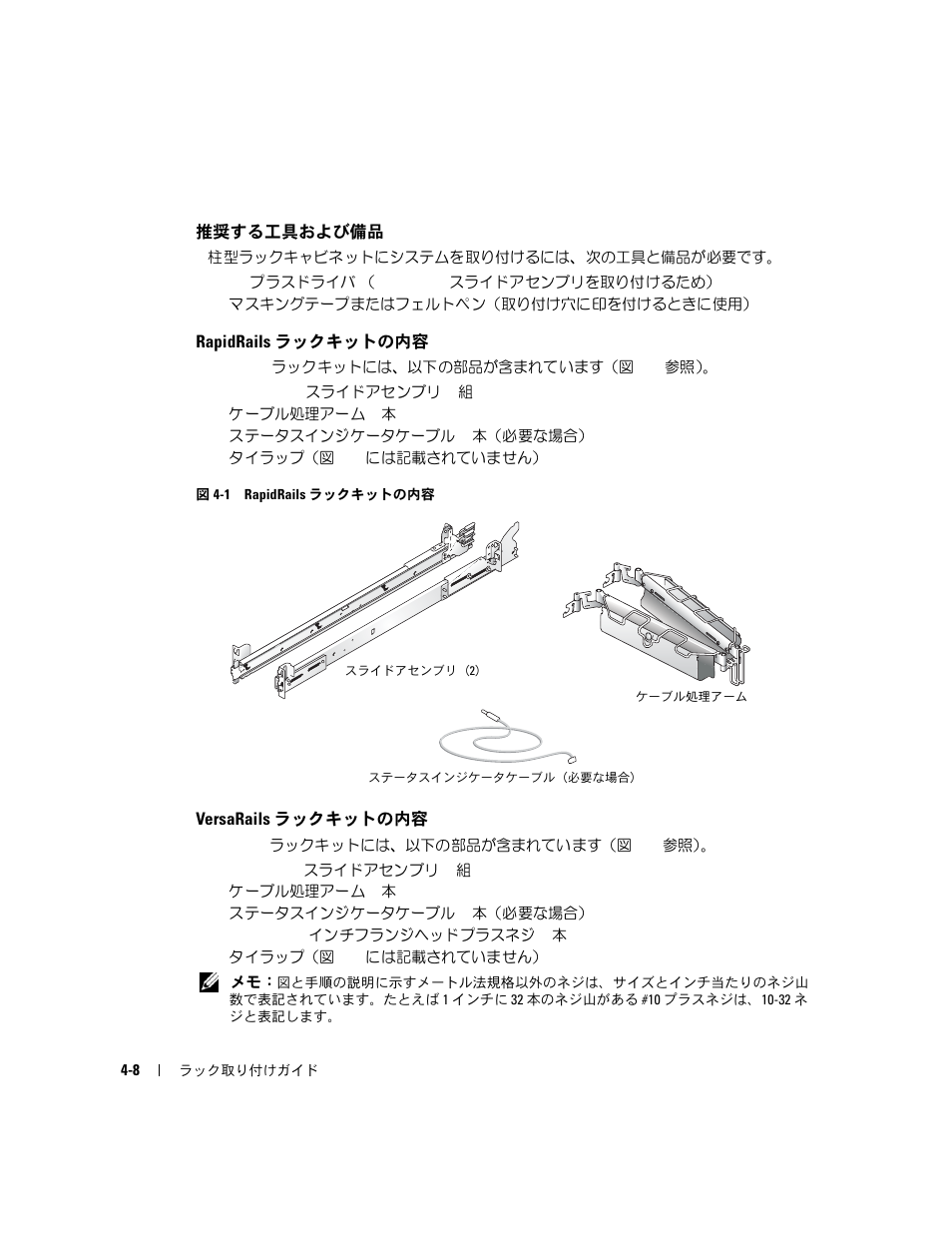推奨する工具および備品, Rapidrails ラックキットの内容, Versarails ラックキットの内容 | 図 4-1 rapidrails, ラックキットの内容 | Dell PowerEdge 2850 User Manual | Page 106 / 162