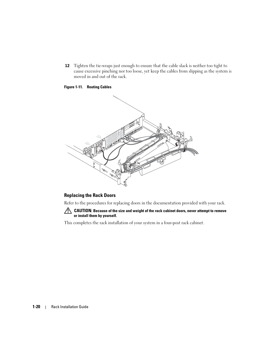 Replacing the rack doors, Figure 1-11, Routing cables | Dell PowerEdge 2850 User Manual | Page 22 / 162