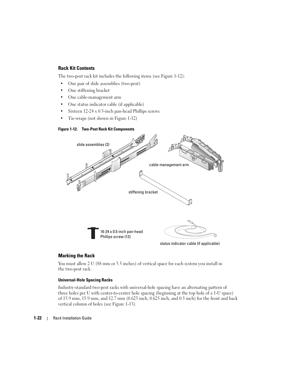 Rack kit contents, Marking the rack, Figure 1-12 | Two-post rack kit components | Dell PowerEdge 2850 User Manual | Page 24 / 162