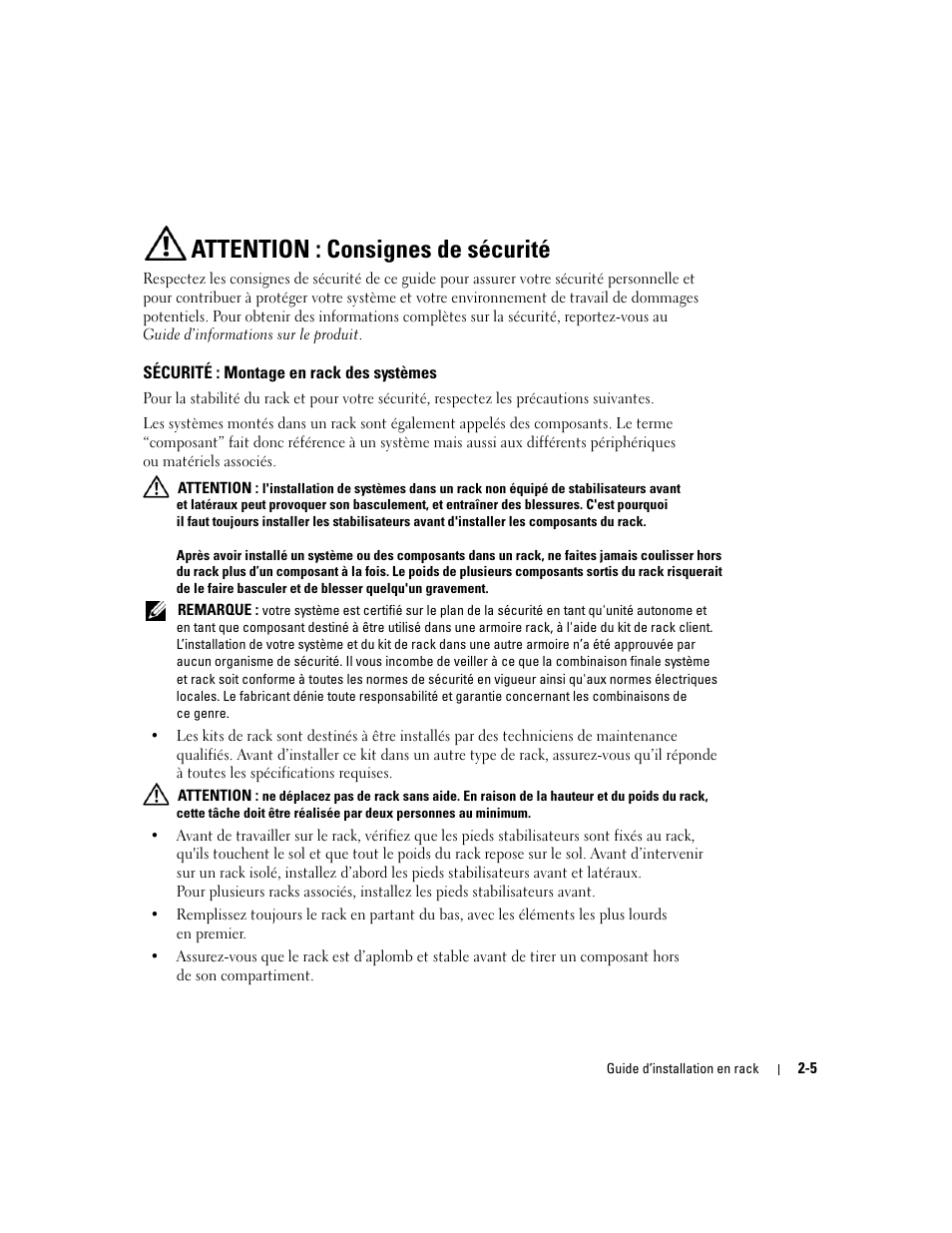 Attention : consignes de sécurité, Sécurité : montage en rack des systèmes | Dell PowerEdge 2850 User Manual | Page 39 / 162
