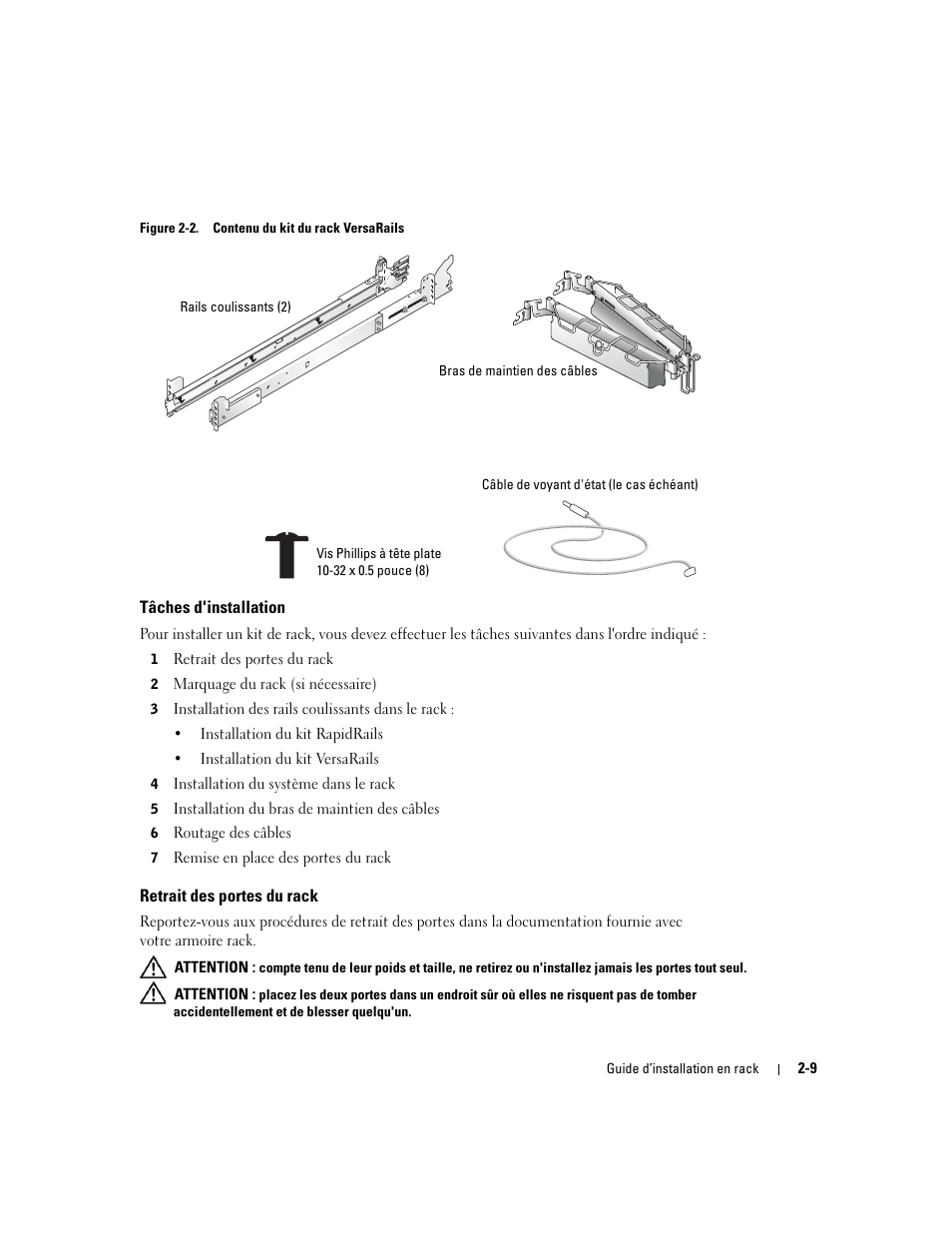 Tâches d'installation, Retrait des portes du rack, Figure 2-2 | Contenu du kit du rack versarails, Éléments suivants (voir la figure 2-2), Présentés sur la figure 2-2) | Dell PowerEdge 2850 User Manual | Page 43 / 162