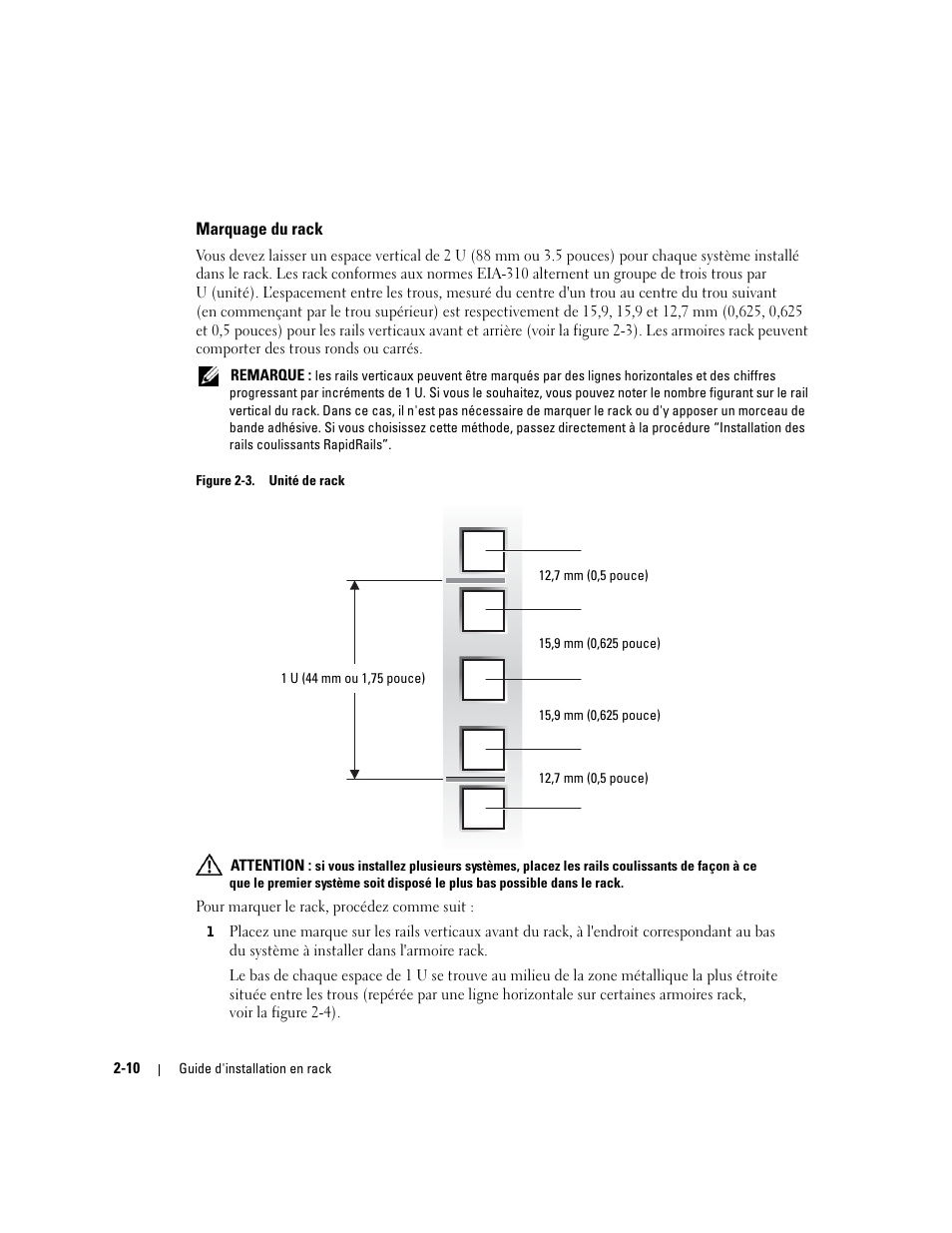 Marquage du rack, Figure 2-3, Unité de rack | Dell PowerEdge 2850 User Manual | Page 44 / 162
