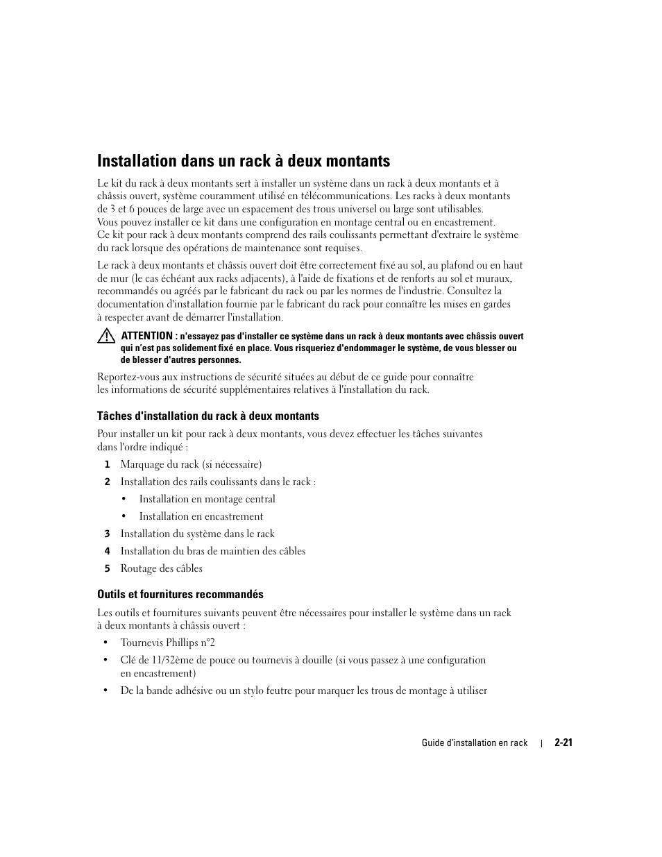 Installation dans un rack à deux montants, Tâches d'installation du rack à deux montants, Outils et fournitures recommandés | Dell PowerEdge 2850 User Manual | Page 55 / 162