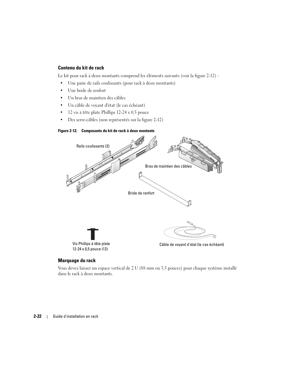 Contenu du kit de rack, Marquage du rack, Figure 2-12 | Composants du kit de rack à deux montants | Dell PowerEdge 2850 User Manual | Page 56 / 162