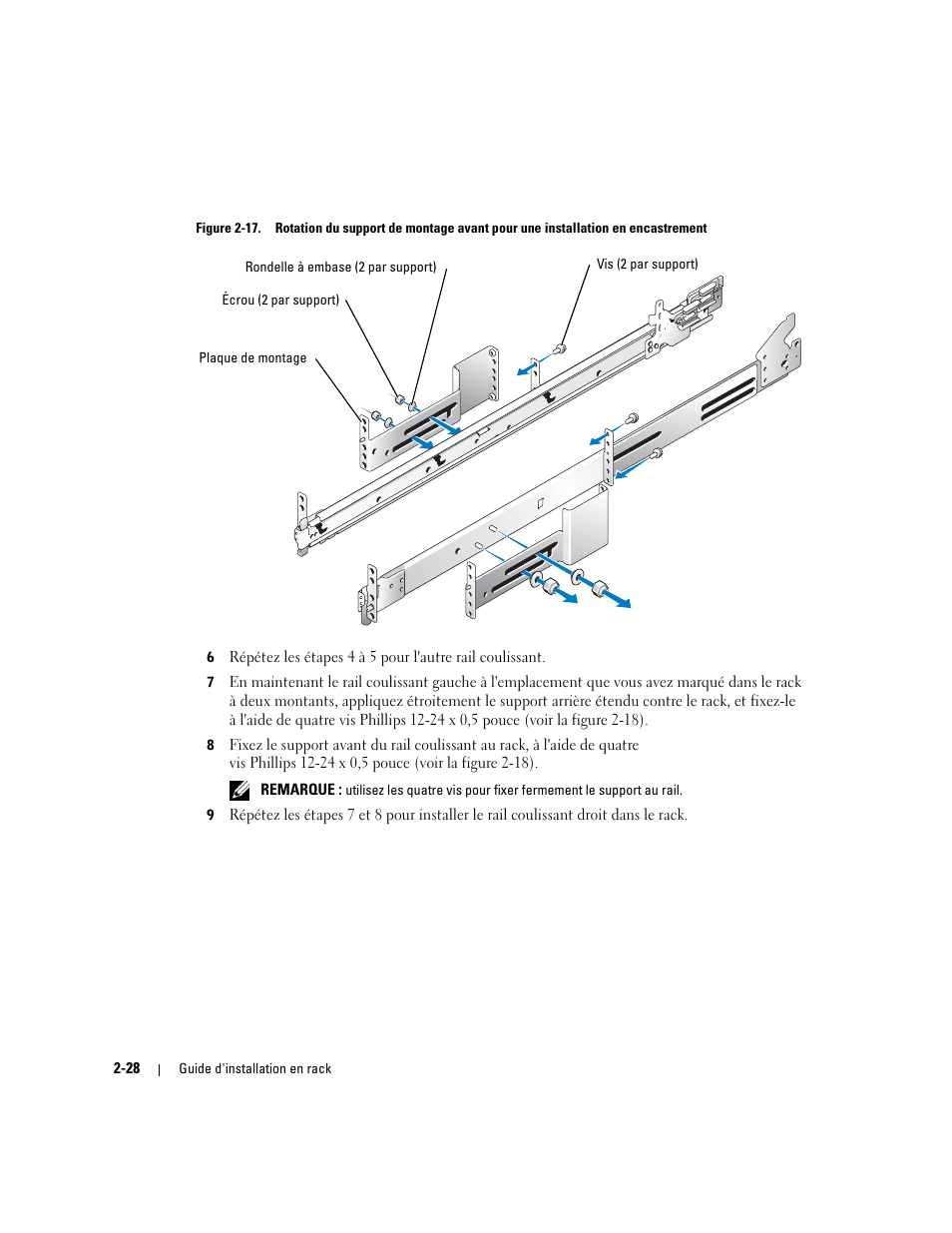 Figure 2-17, Le haut (voir la figure 2-17), Support central avant (voir la figure 2-17) | Ns filetés du rail opposé (voir la figure 2-17), Figure 2-17) | Dell PowerEdge 2850 User Manual | Page 62 / 162