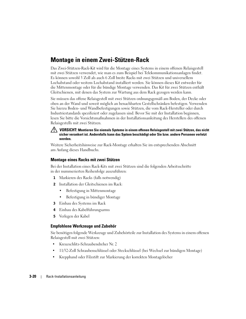 Montage in einem zwei-stützen-rack, Montage eines racks mit zwei stützen, Empfohlene werkzeuge und zubehör | Dell PowerEdge 2850 User Manual | Page 86 / 162