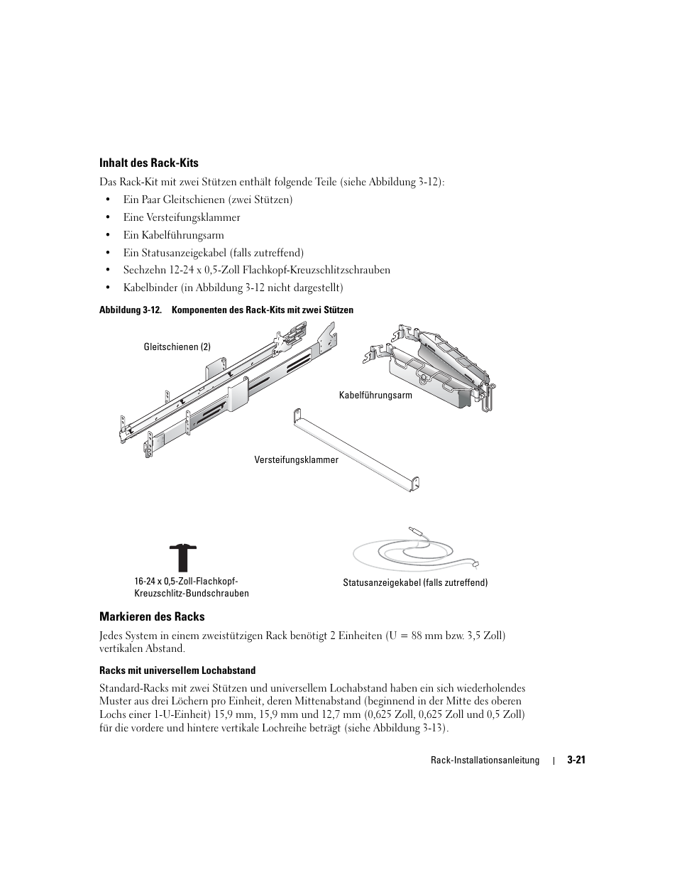 Inhalt des rack-kits, Markieren des racks, Abbildung 3-12 | Komponenten des rack-kits mit zwei stützen | Dell PowerEdge 2850 User Manual | Page 87 / 162