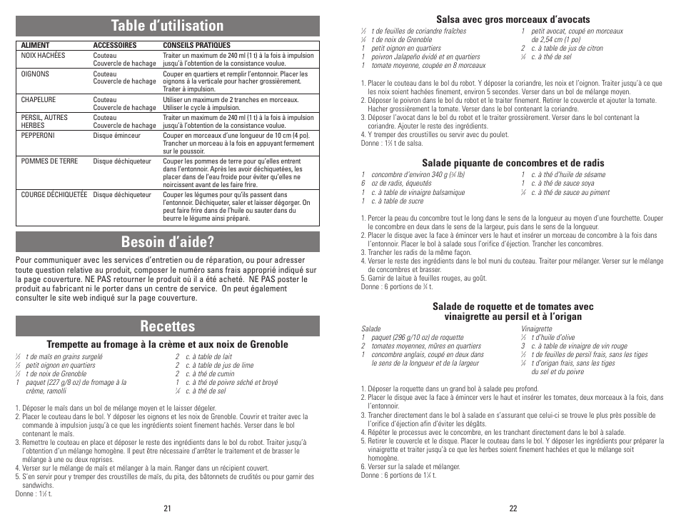 Table d’utilisation, Besoin d’aide? recettes, Salsa avec gros morceaux d’avocats | Salade piquante de concombres et de radis | Black & Decker MFP100 User Manual | Page 11 / 12
