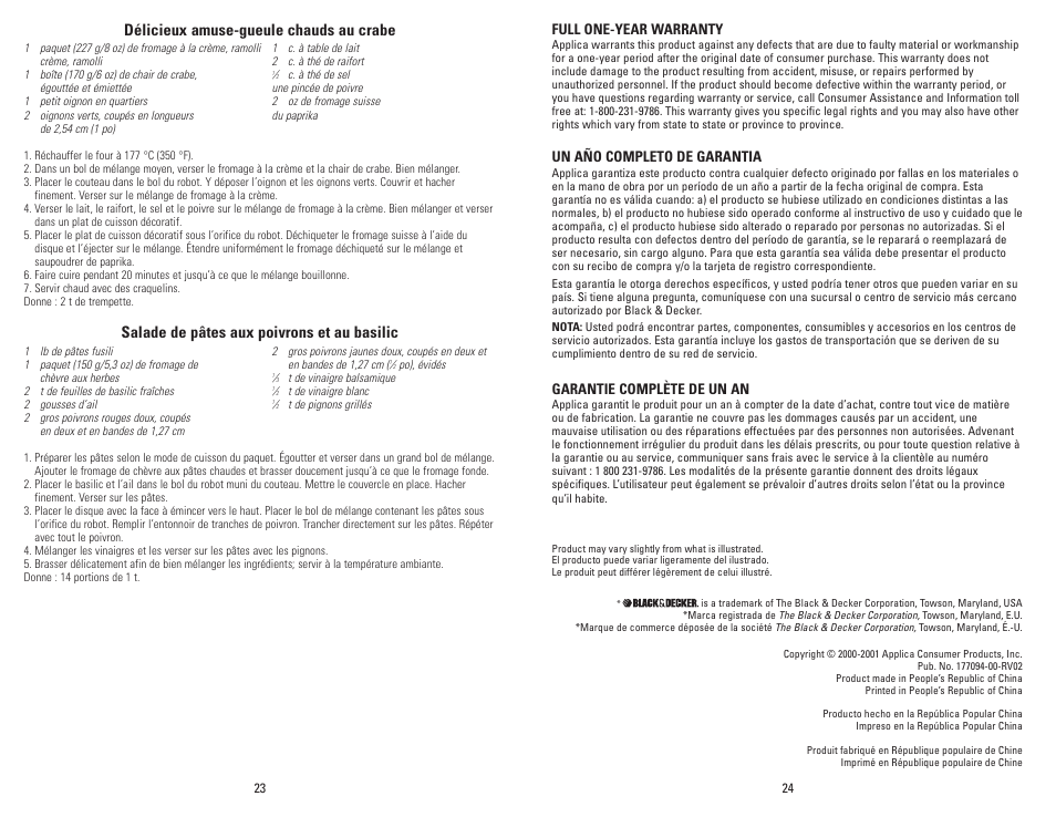 Délicieux amuse-gueule chauds au crabe, Salade de pâtes aux poivrons et au basilic, Full one-year warranty | Garantie complète de un an, Un año completo de garantia | Black & Decker MFP100 User Manual | Page 12 / 12