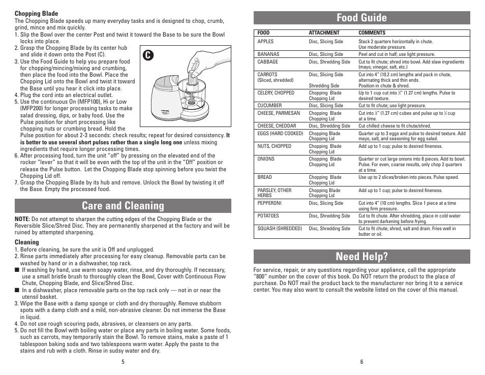Food guide, Need help, Care and cleaning | Black & Decker MFP100 User Manual | Page 3 / 12