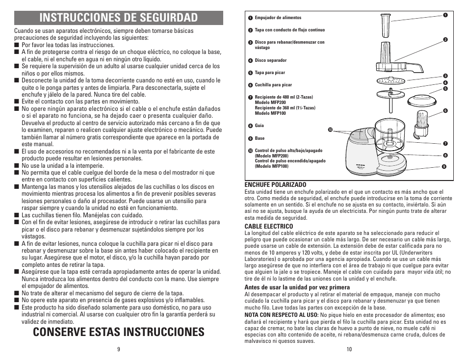 Instrucciones de seguirdad, Conserve estas instrucciones | Black & Decker MFP100 User Manual | Page 5 / 12