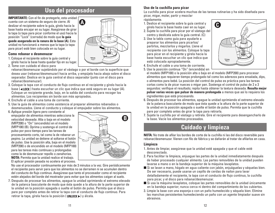 Cuidado y limpieza, Uso del procesador | Black & Decker MFP100 User Manual | Page 6 / 12
