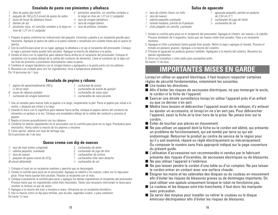 Importantes mises en garde, Salsa de aguacate, Ensalada de pasta con pimientos y albahaca | Ensalada de pepino y rábano, Queso crema con dip de nueces | Black & Decker MFP100 User Manual | Page 8 / 12