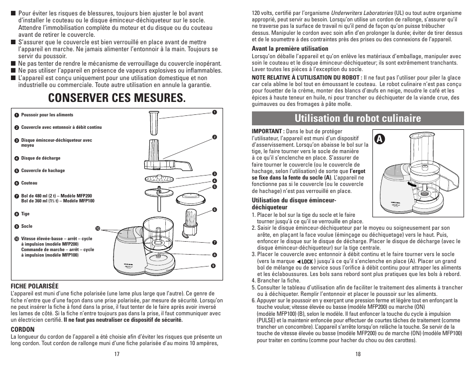 Conserver ces mesures, Utilisation du robot culinaire | Black & Decker MFP100 User Manual | Page 9 / 12