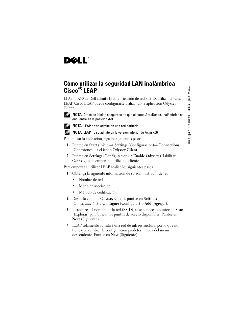 Cómo utilizar la seguridad lan inalámbrica cisco, Leap | Dell Axim X50 User Manual | Page 17 / 18