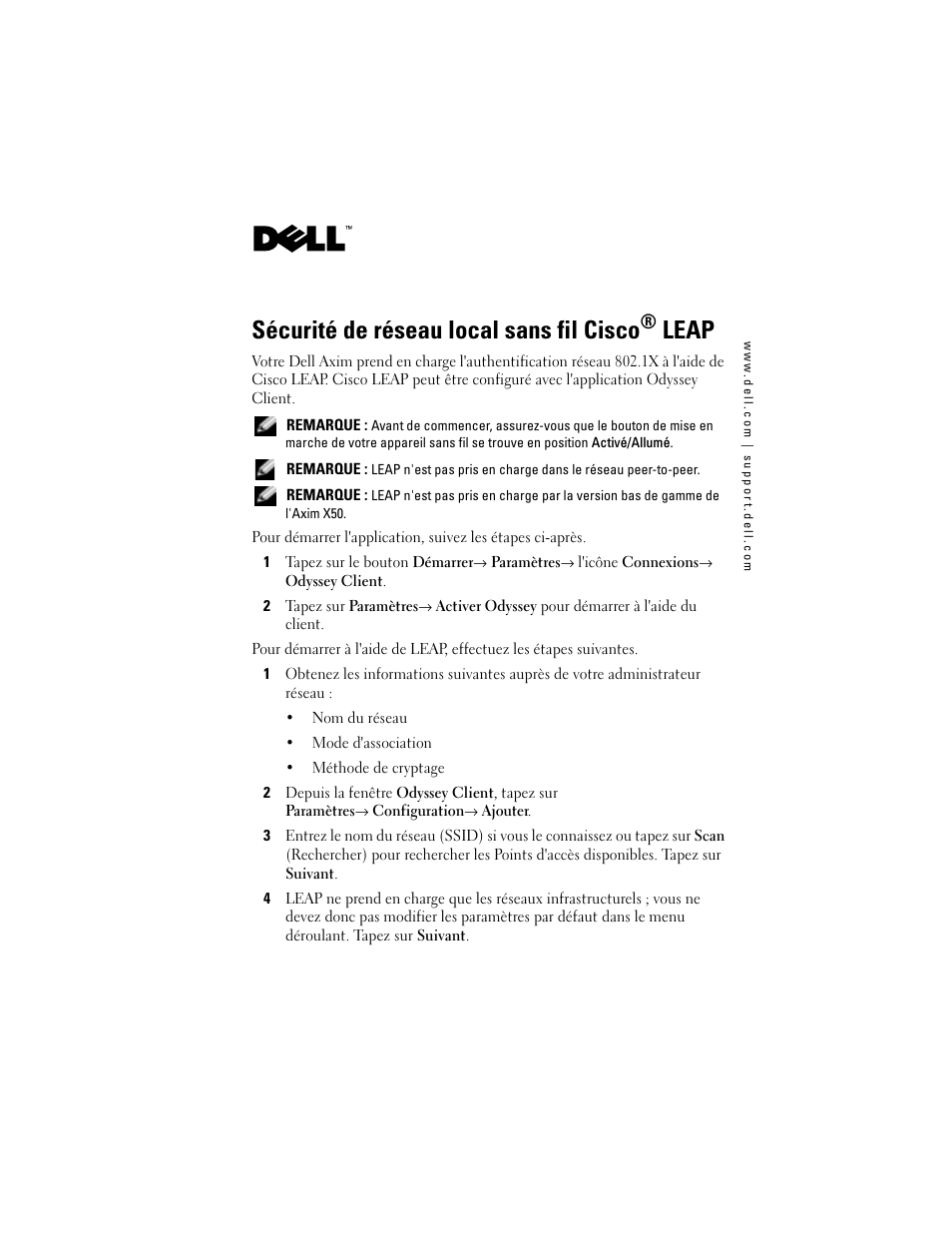 Sécurité de réseau local sans fil cisco® leap, Sécurité de réseau local sans fil cisco, Leap | Dell Axim X50 User Manual | Page 5 / 18