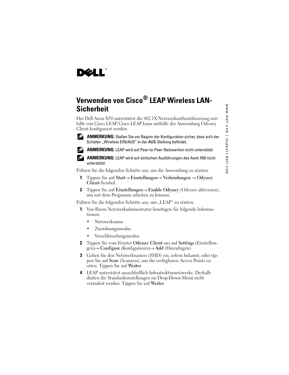 Verwenden von cisco® leap wireless lan- sicherheit, Verwenden von cisco, Leap wireless lan- sicherheit | Dell Axim X50 User Manual | Page 7 / 18