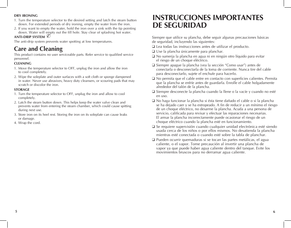 Instrucciones importantes de seguridad, Care and cleaning | Black & Decker F67E User Manual | Page 4 / 11