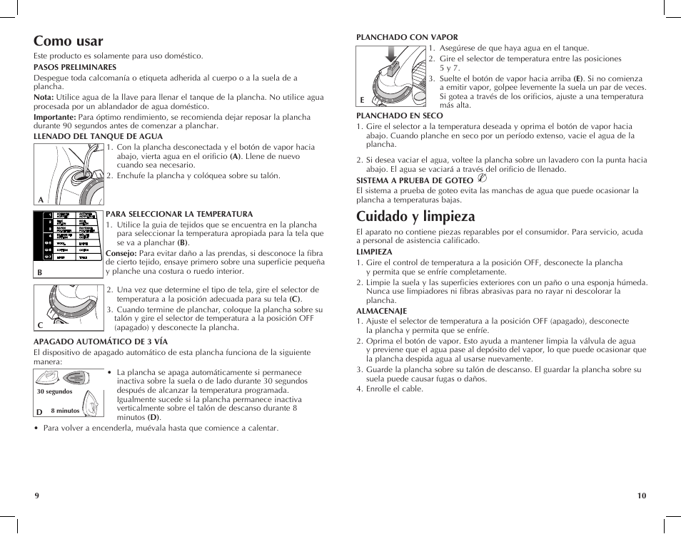 Como usar, Cuidado y limpieza | Black & Decker F67E User Manual | Page 6 / 11