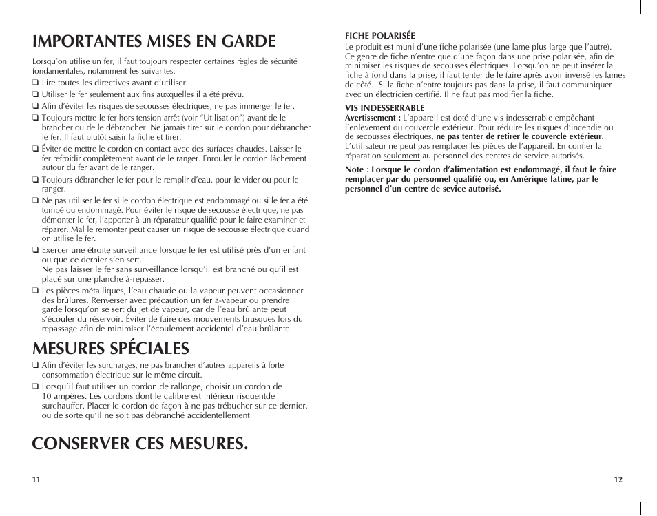 Mesures spéciales, Importantes mises en garde conserver ces mesures | Black & Decker F67E User Manual | Page 7 / 11