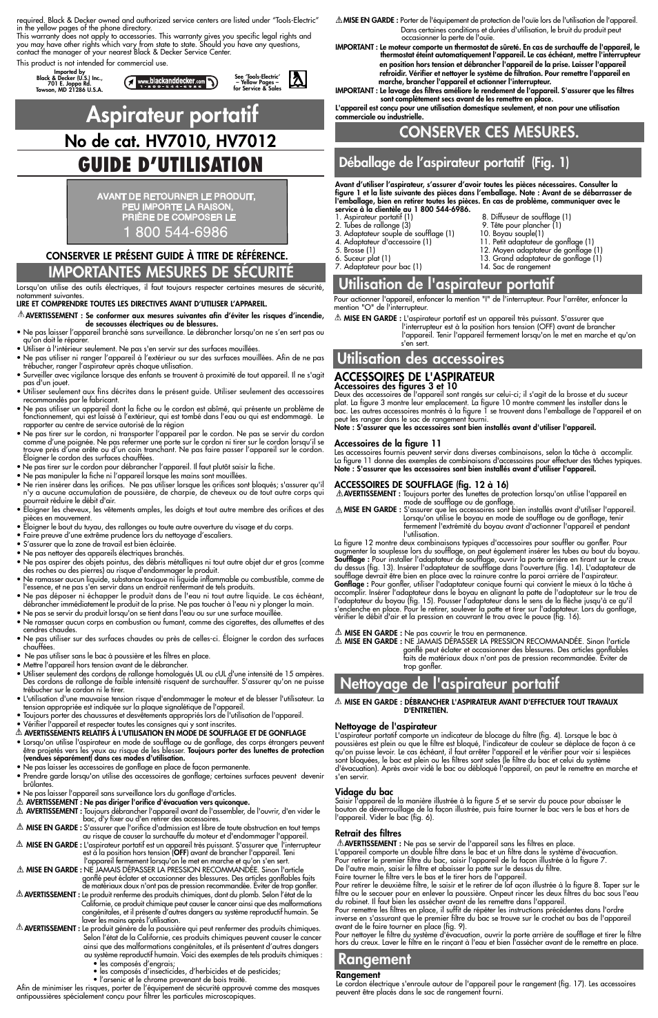 Aspirateur portatif, Guide d’utilisation, Conserver ces mesures | Rangement, Déballage de l’aspirateur portatif (fig. 1), Accessoires de l'aspirateur | Black & Decker 598033-02 User Manual | Page 3 / 5