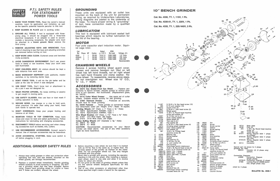 Changing, P.t.l safety rules for stationary power tools, Grounding | Lubrication, Motor, Wheels, Accessories, Additional grinder safety rules, Io" bench grinder | Black & Decker 4335 User Manual | Page 2 / 2