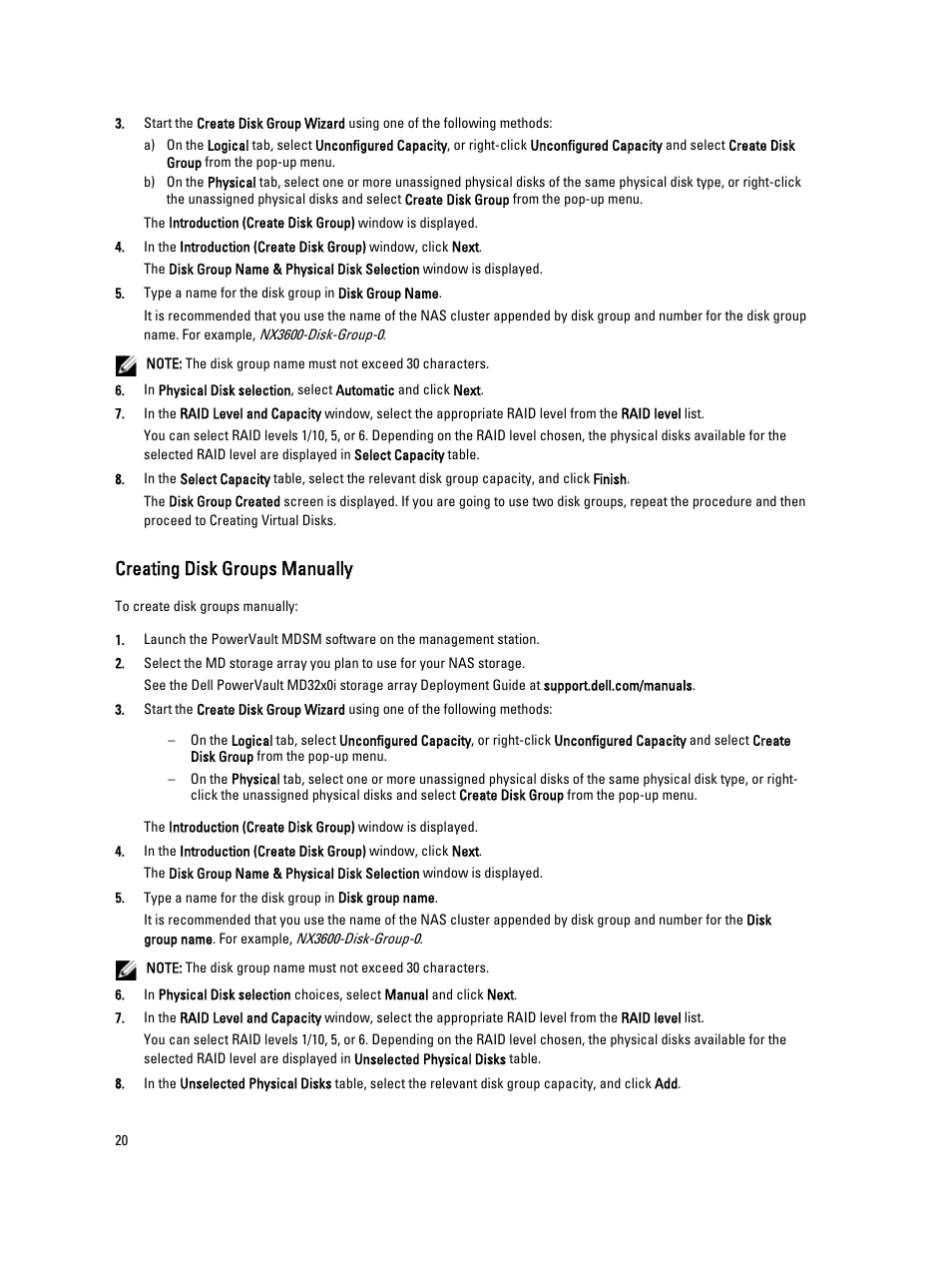 Creating disk groups manually | Dell PowerVault NX3610 User Manual | Page 20 / 31