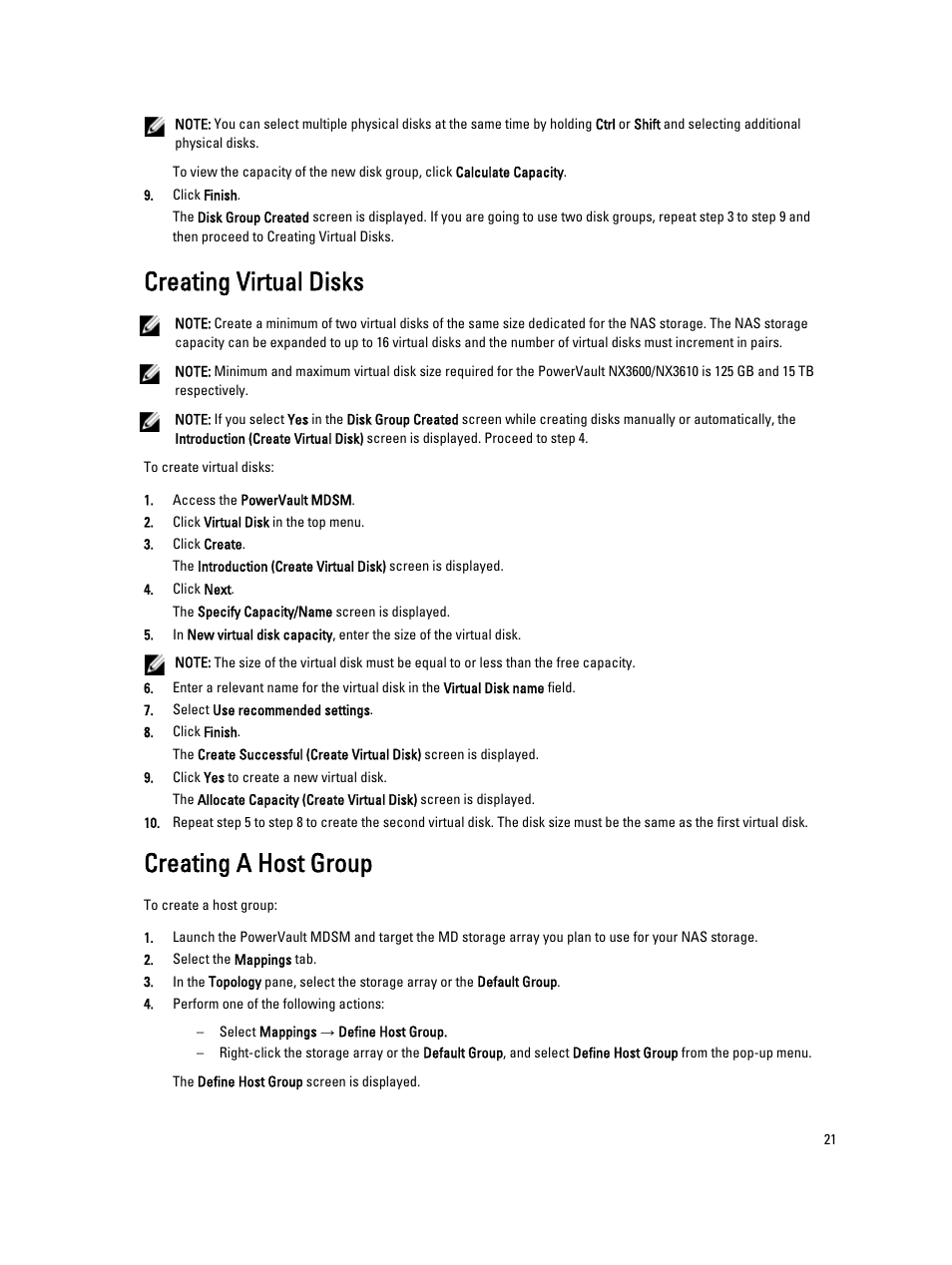 Creating virtual disks, Creating a host group | Dell PowerVault NX3610 User Manual | Page 21 / 31