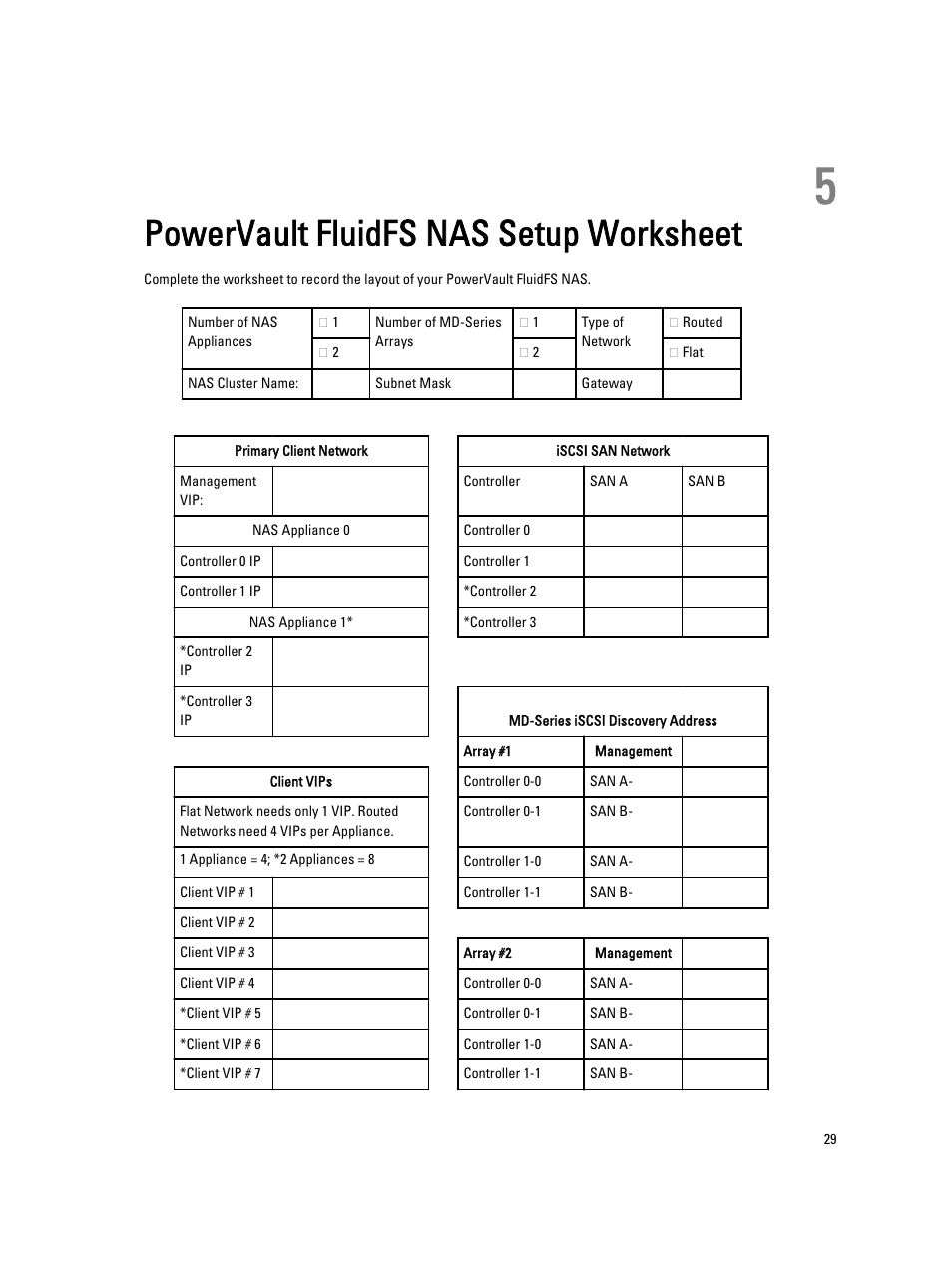 Powervault fluidfs nas setup worksheet, 5 powervault fluidfs nas setup worksheet | Dell PowerVault NX3610 User Manual | Page 29 / 31